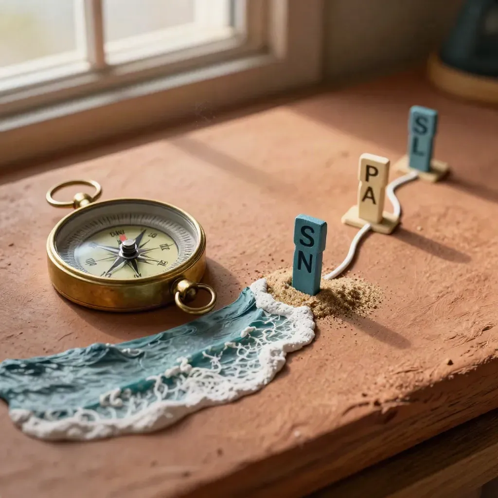 Macro shoreline route model with brass compass and sea-blue pegs in warm plaster light