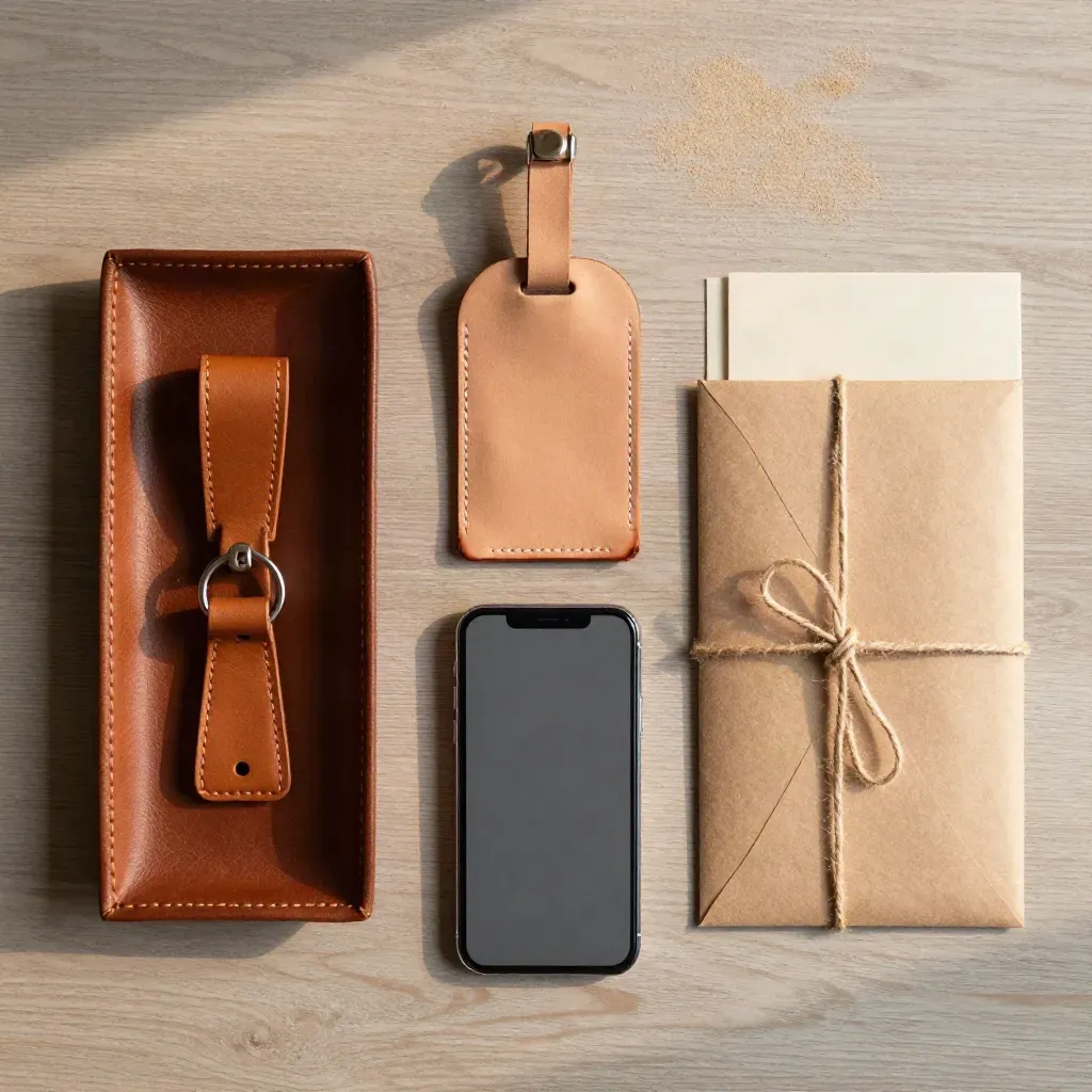Leather tray with luggage tag, envelope, phone and key fob on pale wood.