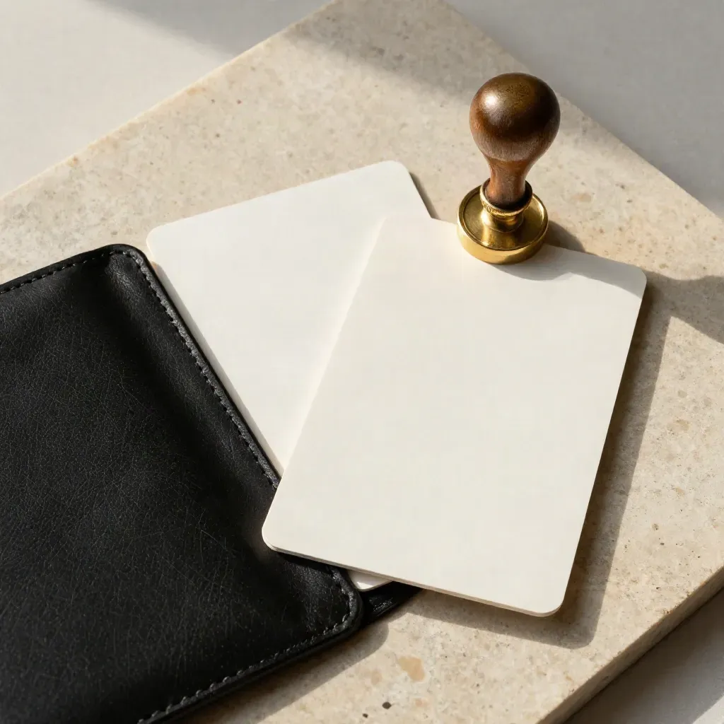 Overhead flatlay of blank route cards, brass seal, and closed black leather folder on pale stone.